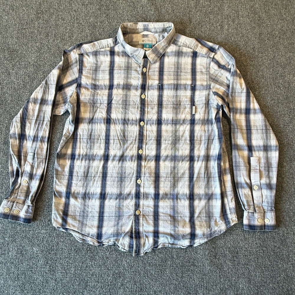 Columbia Sportswear Mens XL Blue White Plaid Long Sleeve Button Down Shirt 1782